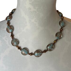 Venetian Murano Blue Disc with Copper Flecks Beaded Necklace 20"